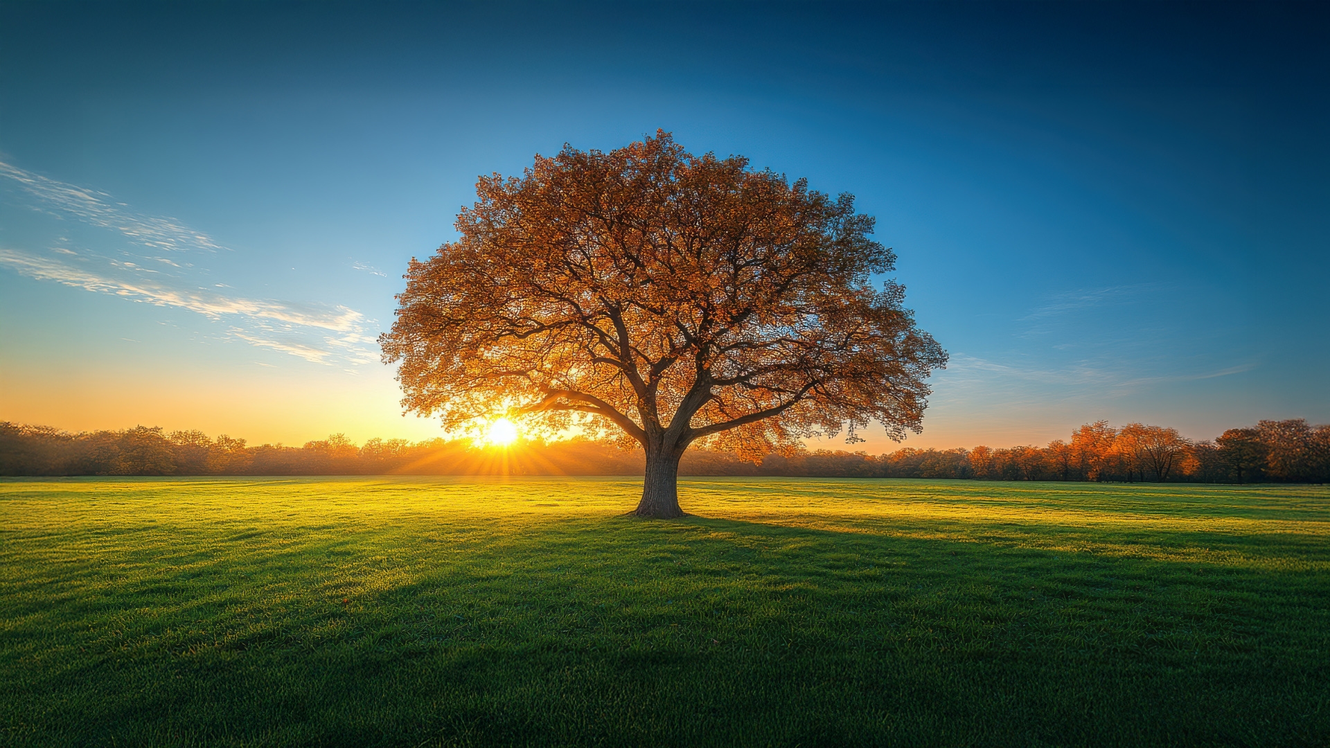 A large tree stands in a field with a bright sun shining on it 