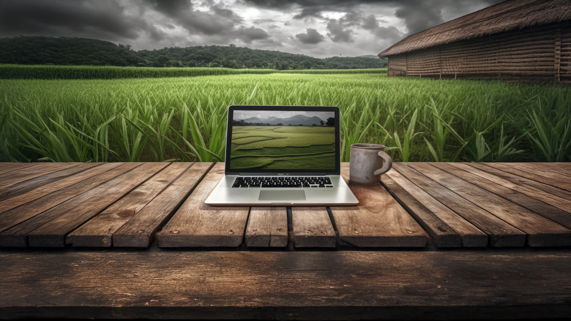 Paddy fields, a wooden table with a plant vase, a blank laptop screen, and a landscape